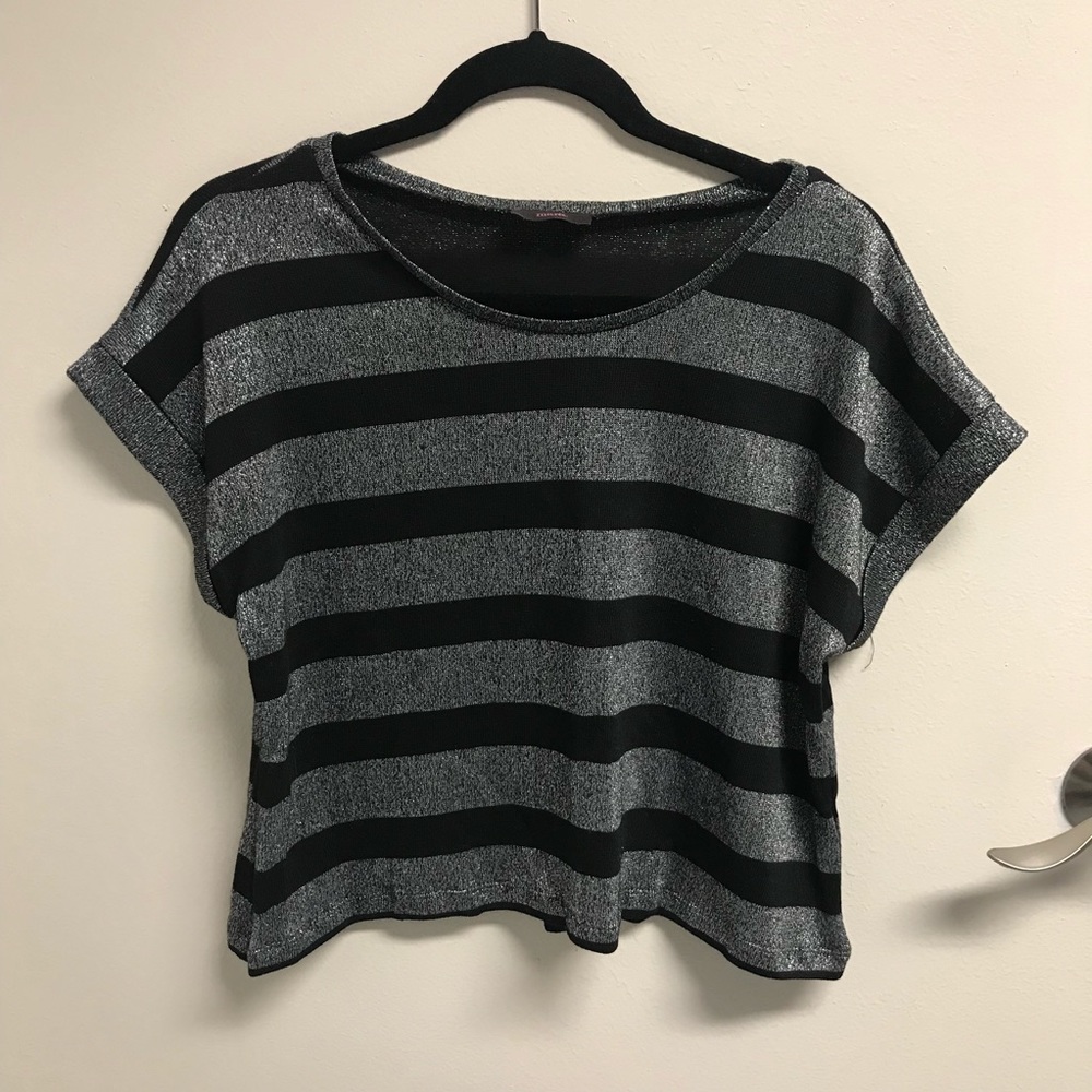 Silver & Black Striped Crop Sweater Shirt